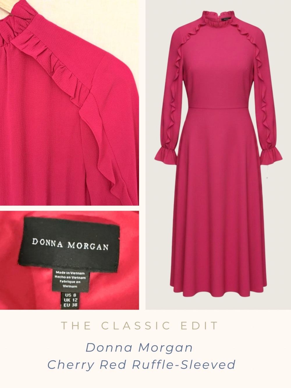 Donna Morgan | Cherry Red Crepe Dress | Ruffle Sleeve Detail | Midi | NWT | 8